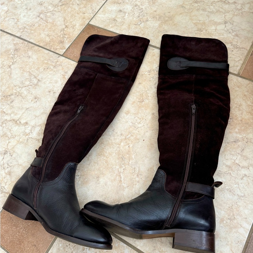 Knee High Boots . Suede and leather material . Color is rich dark brown. Size 9